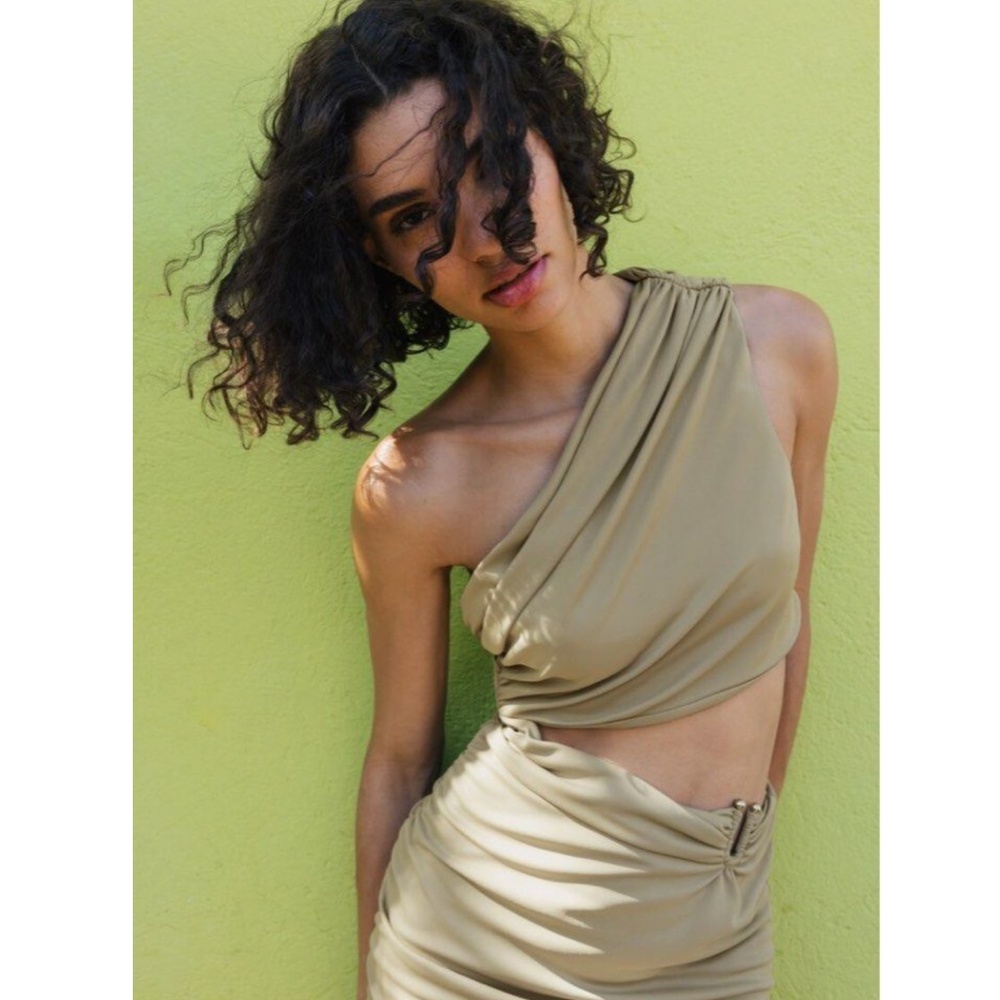 Zara Khaki and Gold Ruched Dress (NWOT) - Picture 4 of 11